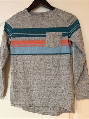 Cat & Jack Boy’s Gray Long Sleeve Tee with Teal & Coral Stripes Youth M 8/10